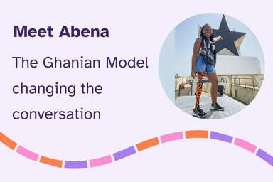 Abena wears Kento designed prosthetic standing in front of the black star for the Black Star show